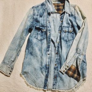 Free People Distressed Denim Button Down Top
